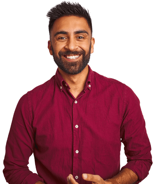 man in red shirt smiling